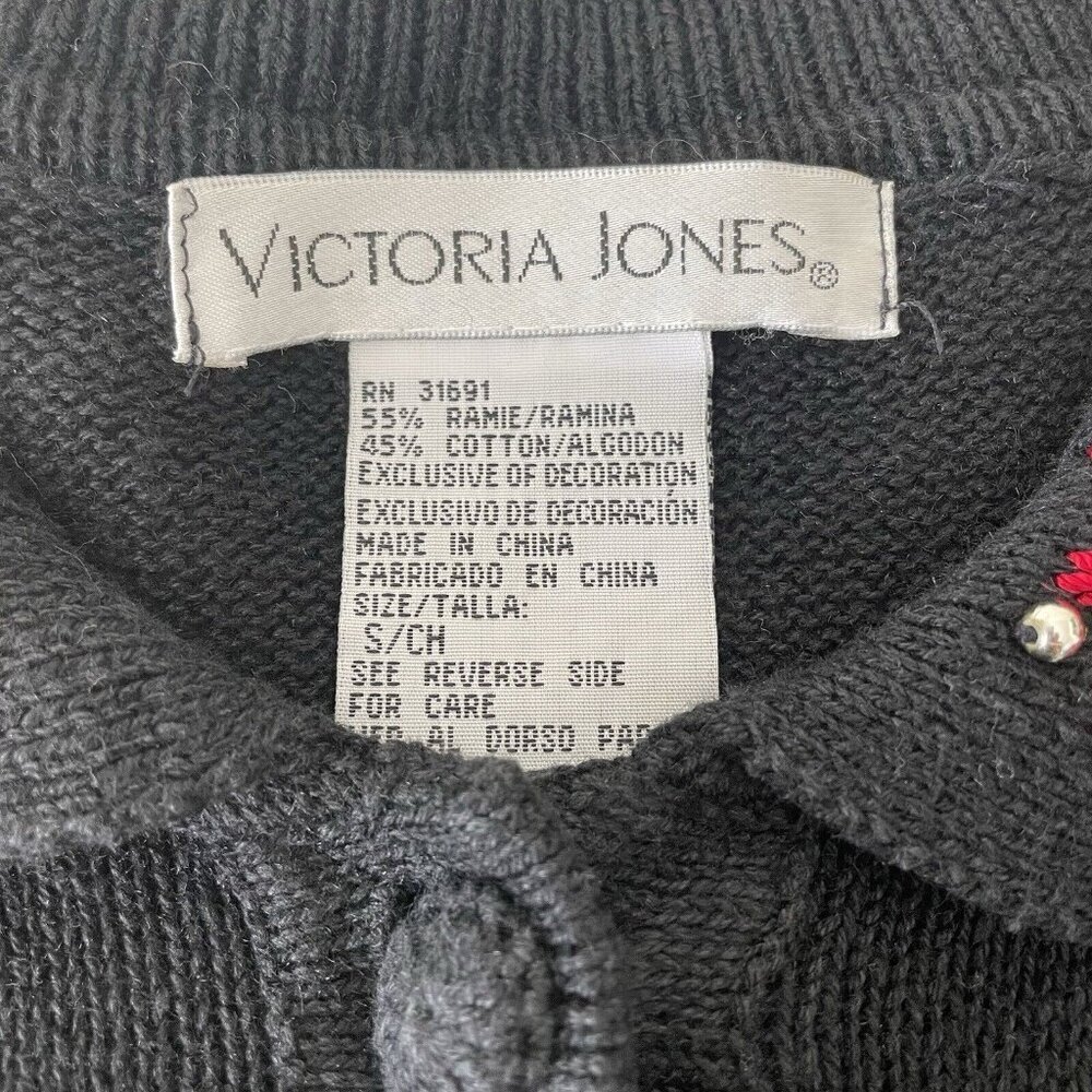 Vtg Victoria Jones Christmas Cardigan Sweater Black Embroidered Beaded Size S - Picture 4 of 10